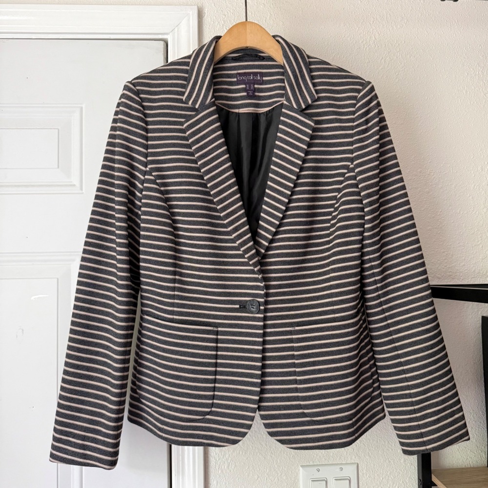 LONG TALL SALLY grey tan striped one button long sleeve blazer‎ jacket
